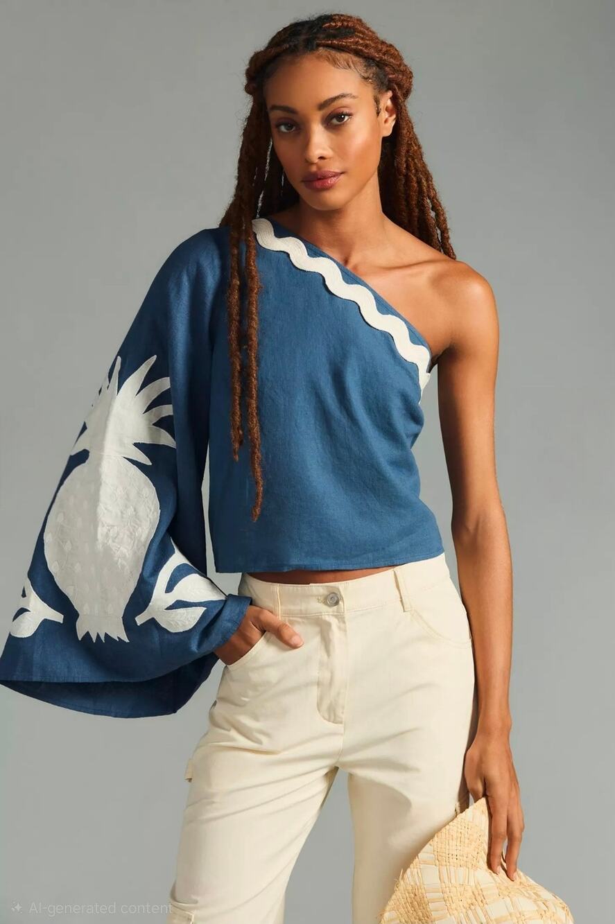 Farm Rio x Anthropologie One-Shoulder Applique Top. Size S. Retails $168